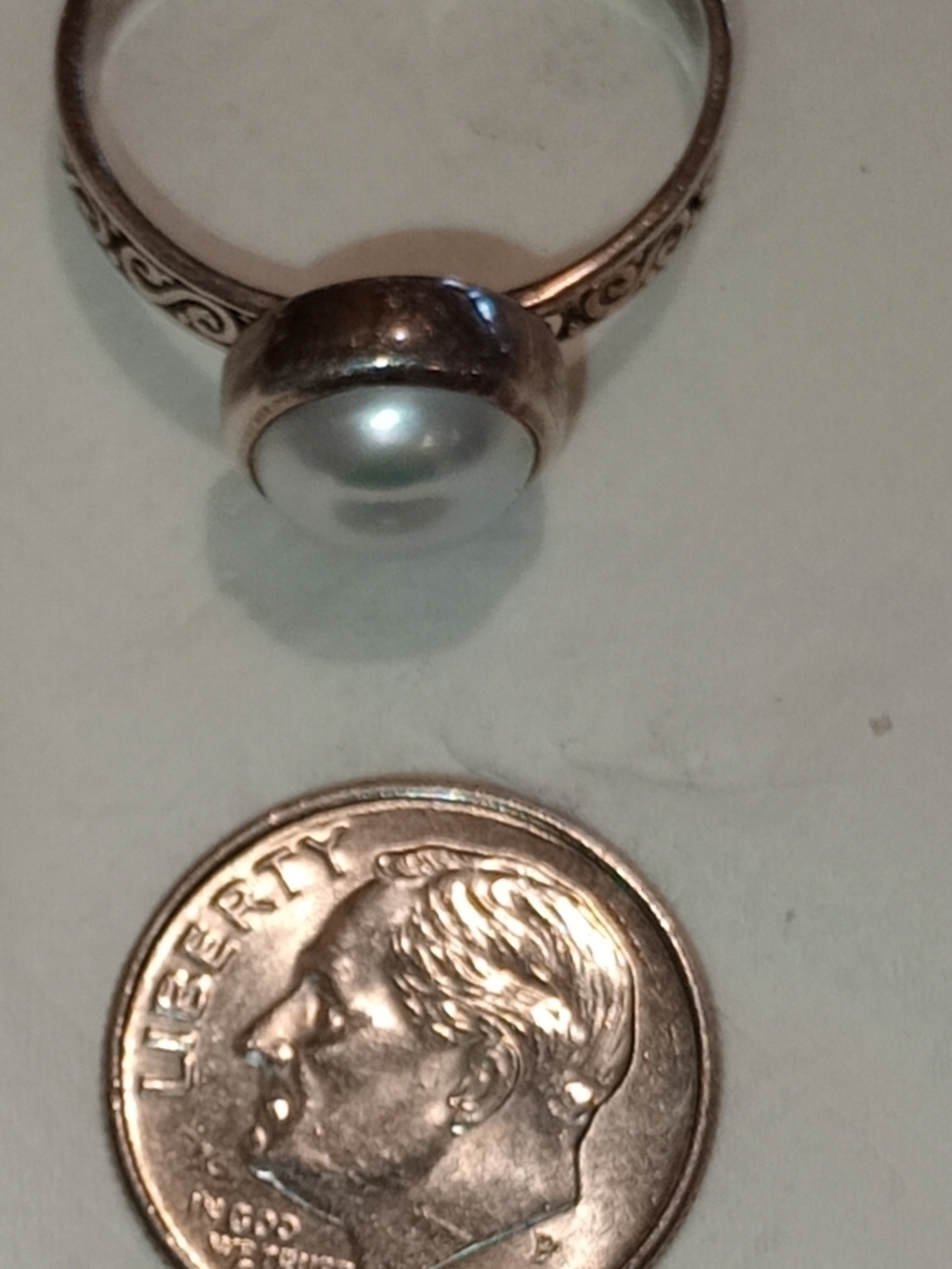 Pearl Sterling Silver Scroll Band Pearl Ring Bezel Set By Janice Girardi - Picture 11 of 16